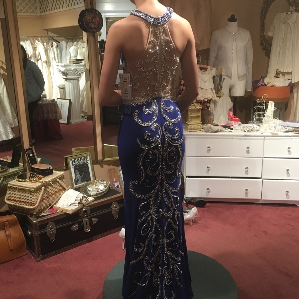 . Royal blue with silver/gold crystals prom dress